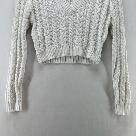 Love Tree Cropped Sweater Women Sz S Cable Knit Pullover V-Neck Minimalist White - Picture 4 of 11